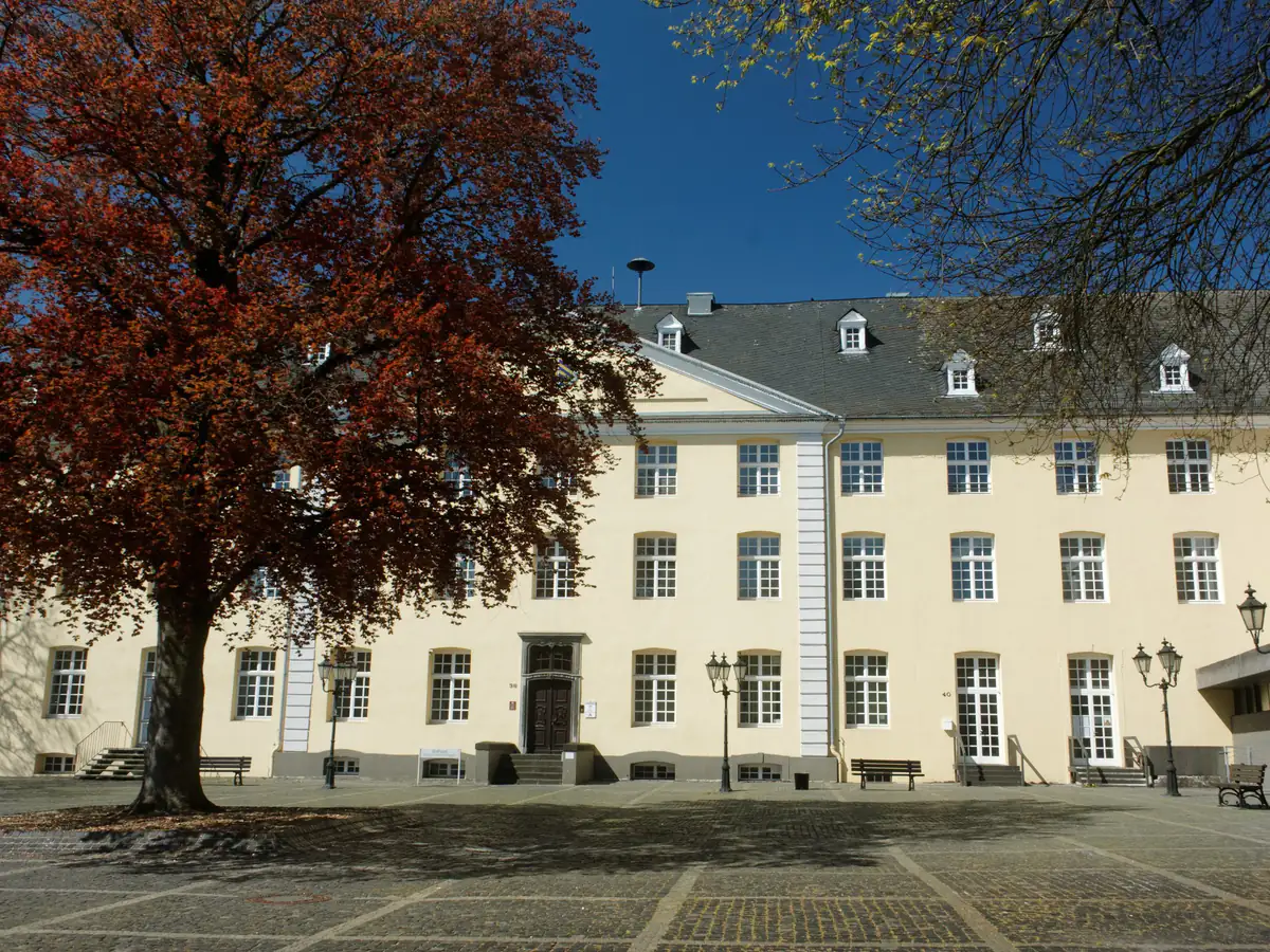 Ehemaliges Kreuzherrenkloster in Brüggen mit Blutbuche im Frühling